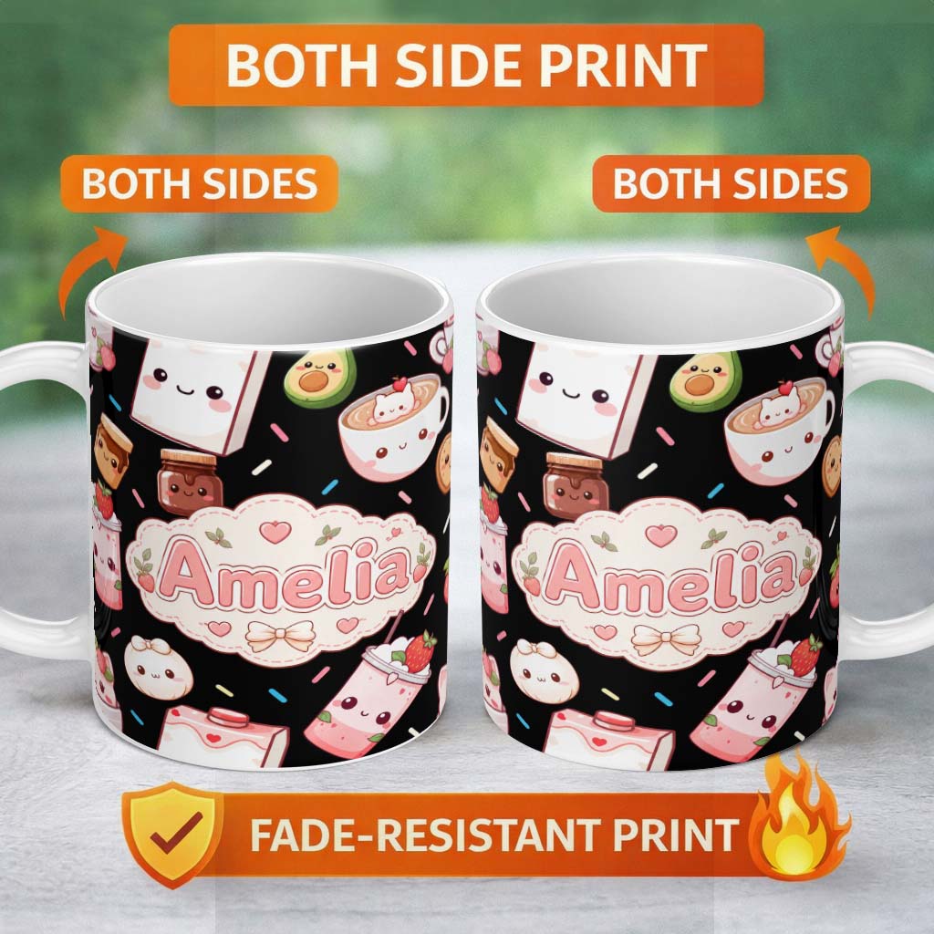 Personalized Custom Name Cute Kawaii Strawberry Drinks and Cat Cups on Black Background 11oz Ceramic Coffee Tea Mug White Large Handle