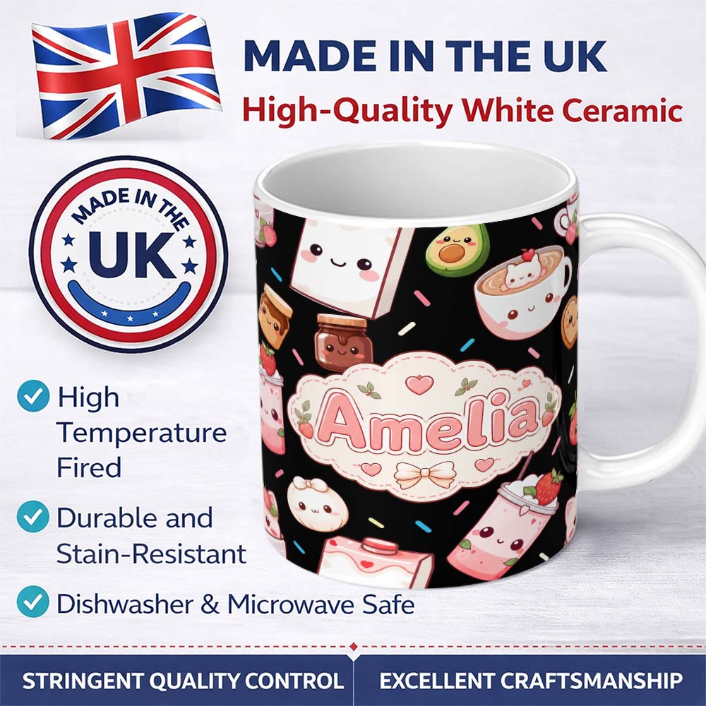 Personalized Custom Name Cute Kawaii Strawberry Drinks and Cat Cups on Black Background 11oz Ceramic Coffee Tea Mug White Large Handle