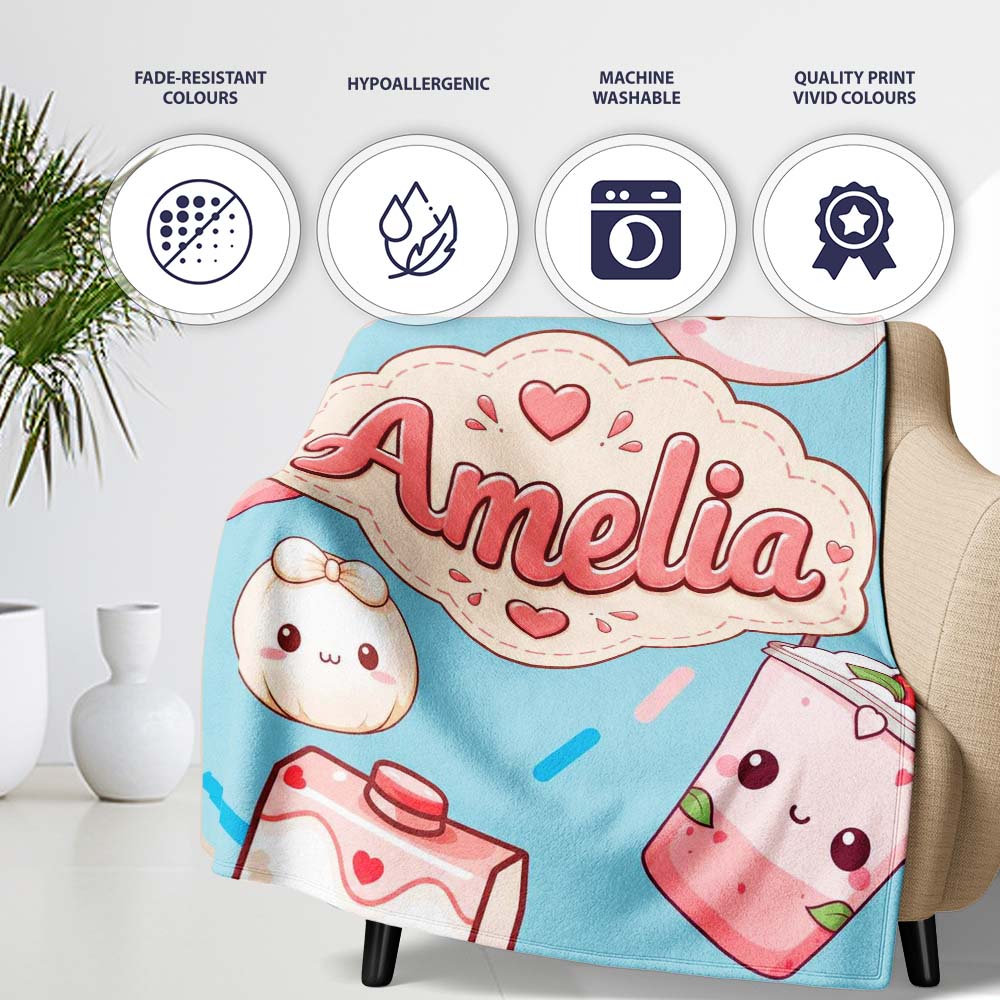 Cute Kawaii Strawberry Drinks and Cat Cups on Blue Background Personalised Custom Name Super Soft Fleece Blanket Bed Sofa Throw