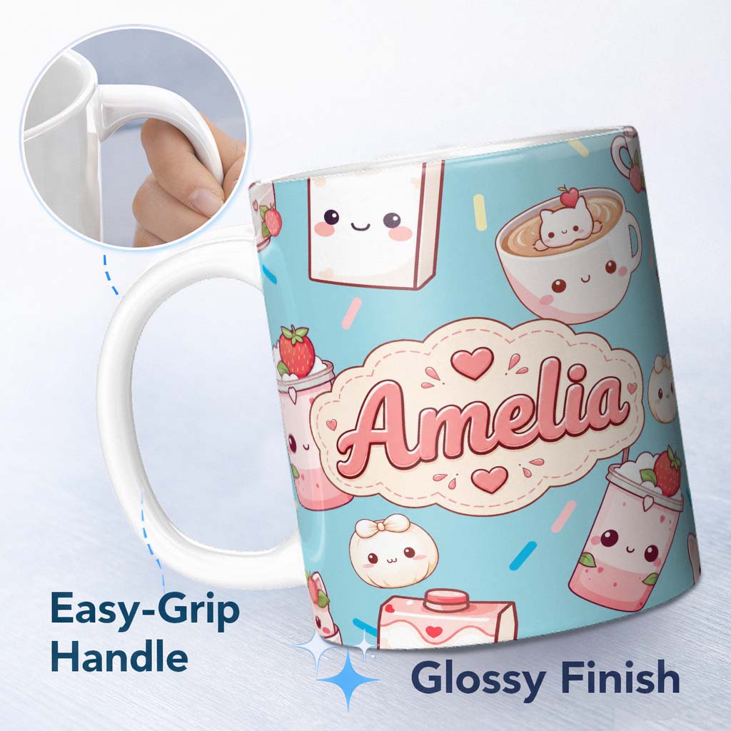 Personalized Custom Name Cute Kawaii Strawberry Drinks and Cat Cups on Blue Background 11oz Ceramic Coffee Tea Mug White Large Handle