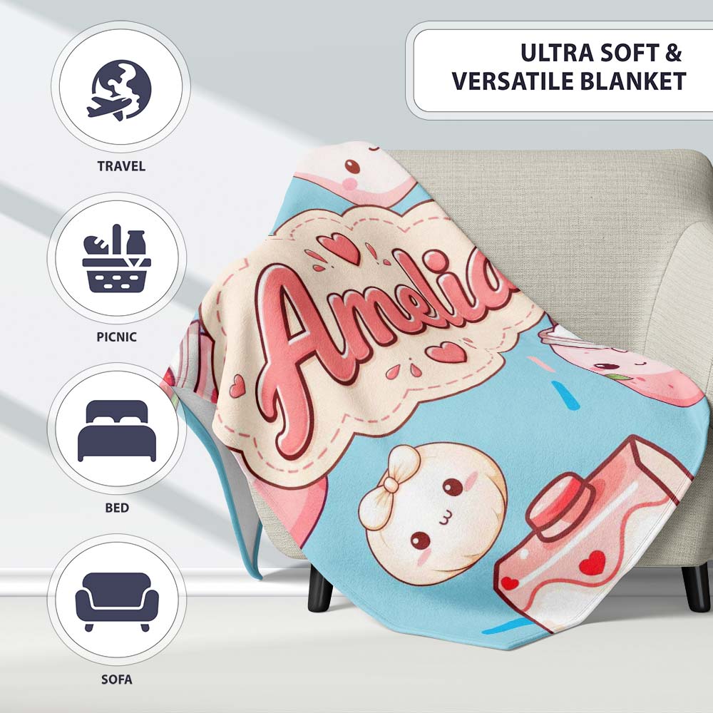 Cute Kawaii Strawberry Drinks and Cat Cups on Blue Background Personalised Custom Name Super Soft Fleece Blanket Bed Sofa Throw