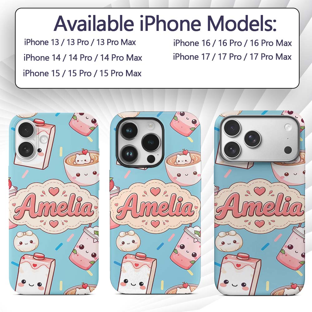 Cute Kawaii Strawberry Drinks and Cat Cups on Custom Name Protective Phone Case Mobile Cover Durable Everyday Smartphone Shock Resistant