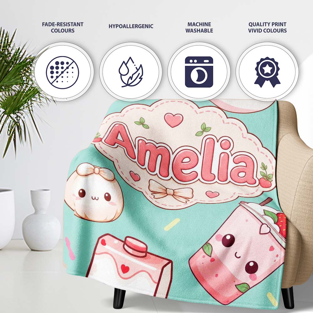 Cute Kawaii Strawberry Drinks and Cat Cups on Teal Background Personalised Custom Name Super Soft Fleece Blanket Bed Sofa Throw