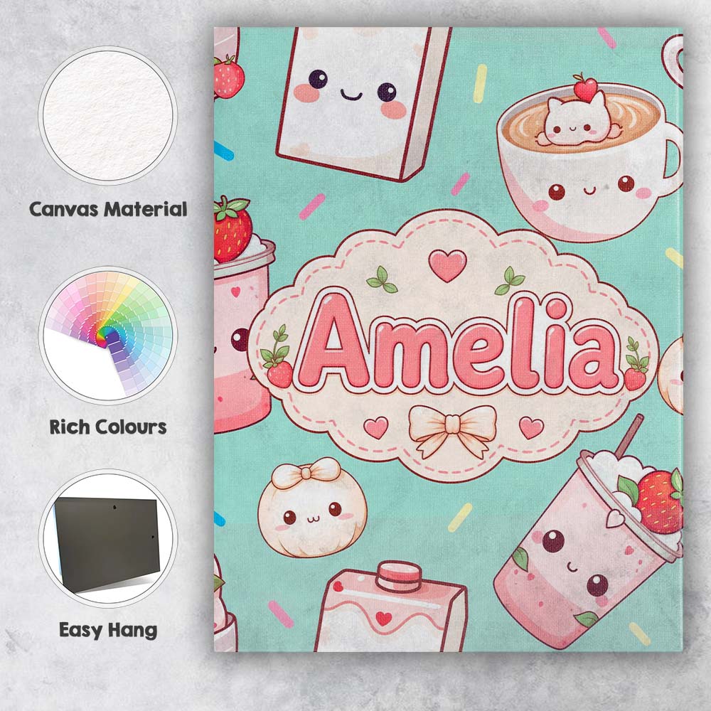 Personalised Name Cute Kawaii Strawberry Custom Unique Gift Idea Elegant Feature Canvas Wall Art Print Decor Picture Ready to Hang