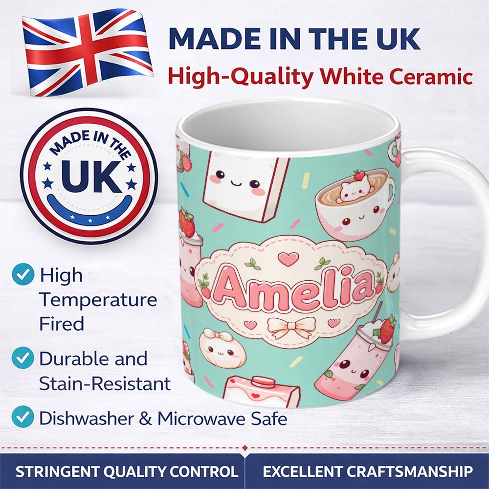 Personalized Custom Name Cute Kawaii Strawberry Drinks and Cat Cups on Teal Background 11oz Ceramic Coffee Tea Mug White Large Handle
