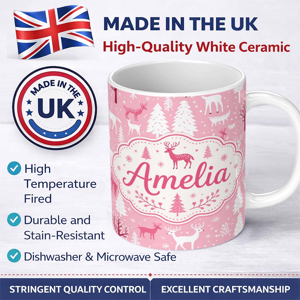 Personalized Custom Name Cute Pink Winter Forest Deer Tree Seamless Pattern Cute Unique Gift 11oz Ceramic Coffee Tea Mug White Large Handle