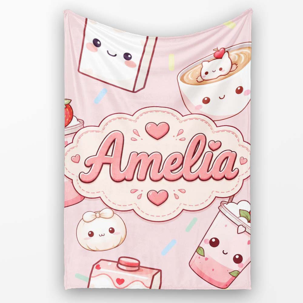 Kawaii Strawberry Drinks and Cat Cups on Light Pink Seamless Personalised Custom Name Super Soft Fleece Blanket Bed Sofa Throw