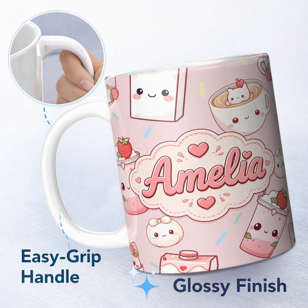 Personalized Custom Name Kawaii Strawberry Drinks and Cat Cups on Light Pink Seamless 11oz Ceramic Coffee Tea Mug White Large Handle