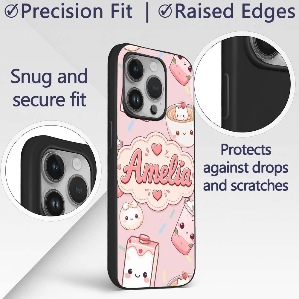 Kawaii Strawberry Drinks and Cat Cups on Light Custom Name Protective Phone Case Mobile Cover Durable Everyday Smartphone Shock Resistant