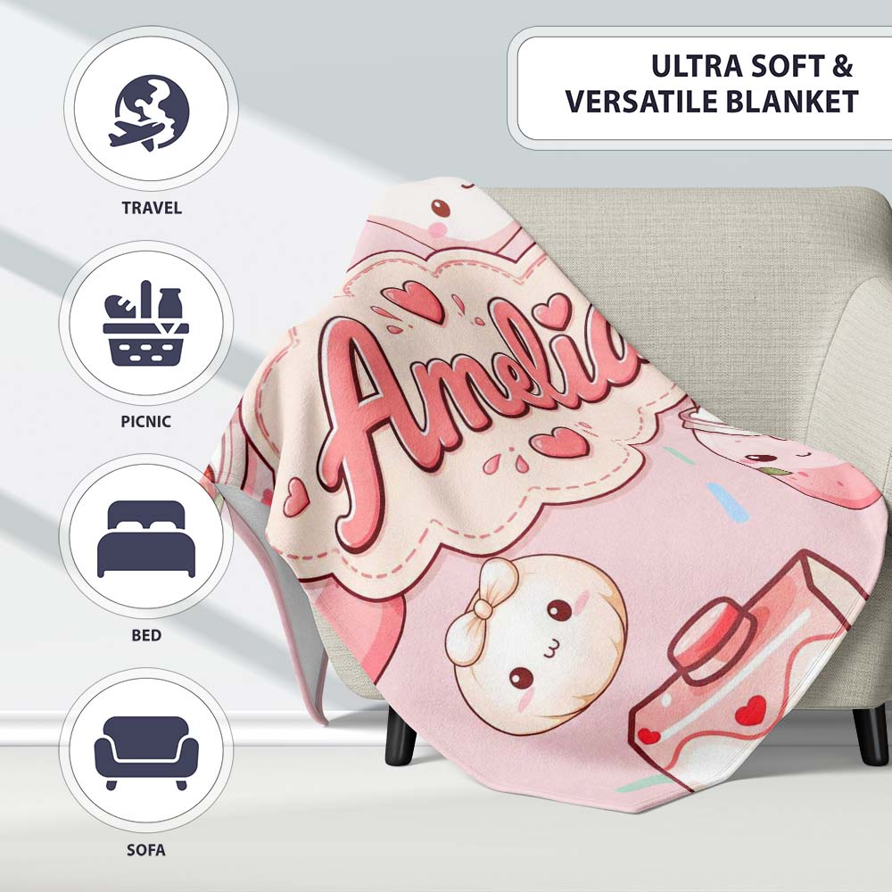 Kawaii Strawberry Drinks and Cat Cups on Light Pink Seamless Personalised Custom Name Super Soft Fleece Blanket Bed Sofa Throw