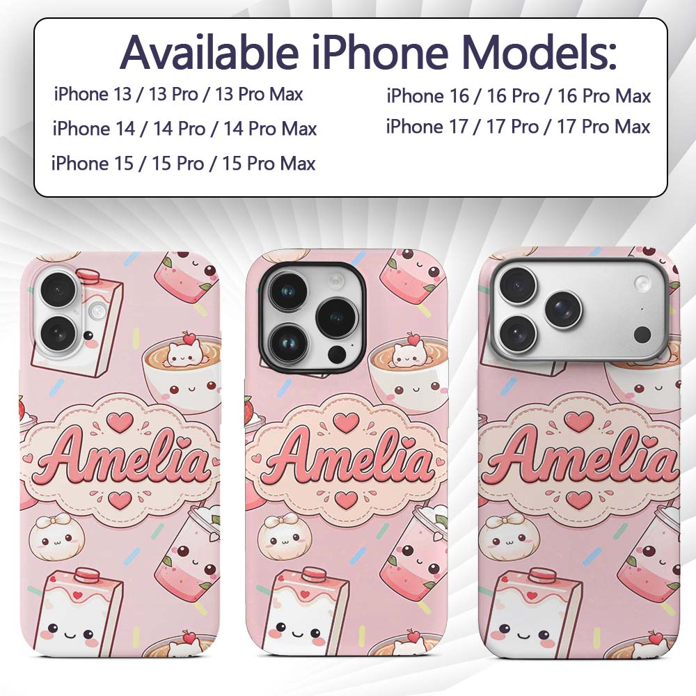 Kawaii Strawberry Drinks and Cat Cups on Light Custom Name Protective Phone Case Mobile Cover Durable Everyday Smartphone Shock Resistant