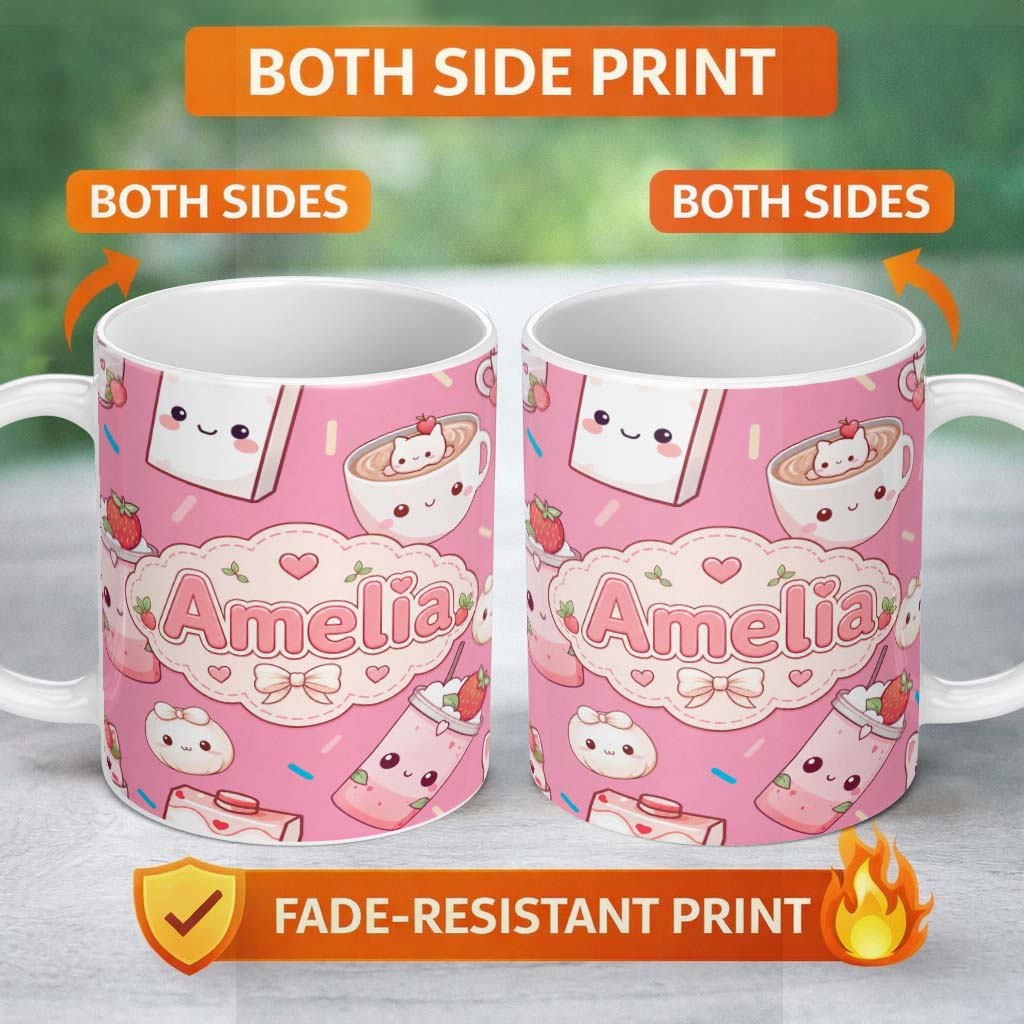 Personalized Custom Name Cute Kawaii Strawberry Drinks and Cat Cups on Pink Background 11oz Ceramic Coffee Tea Mug White Large Handle