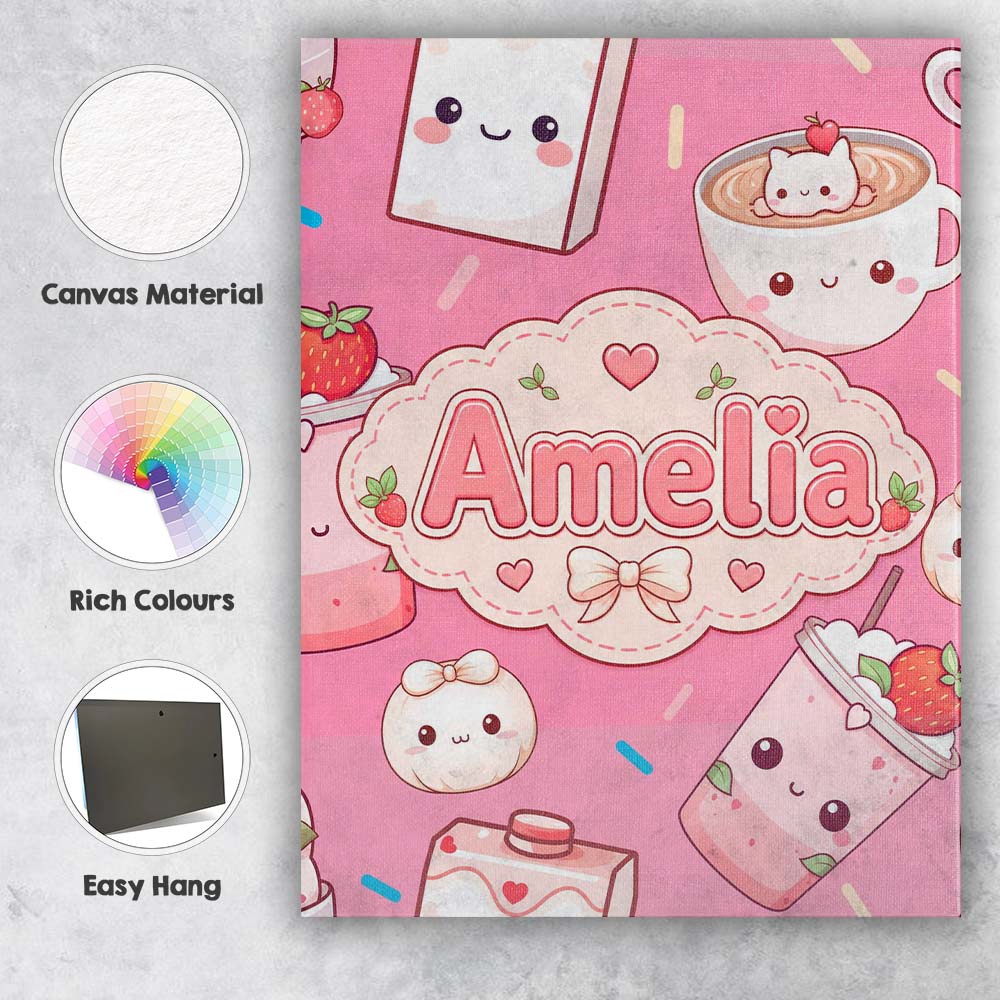 Personalised Name Cute Kawaii Strawberry Custom Unique Gift Idea Elegant Feature Canvas Wall Art Print Decor Picture Ready to Hang