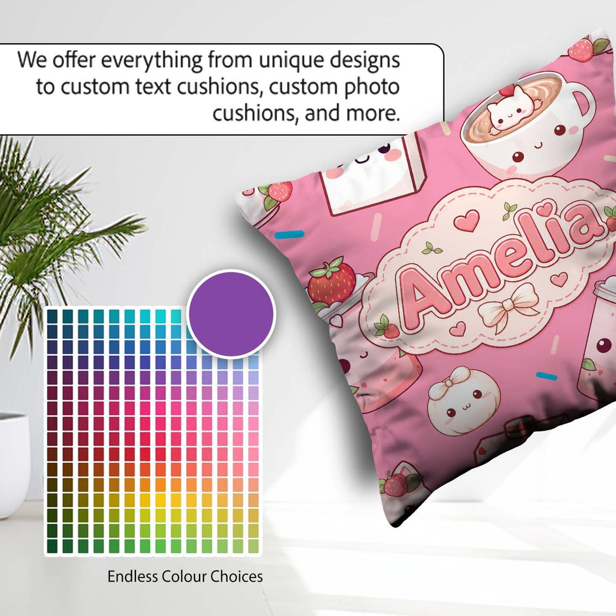 Custom Name Cute Kawaii Strawberry Drinks and Cat Cups on Pink Square Filled Cushion Throw Pillow Sofa Bed Home Decor Zip Washable UK Made