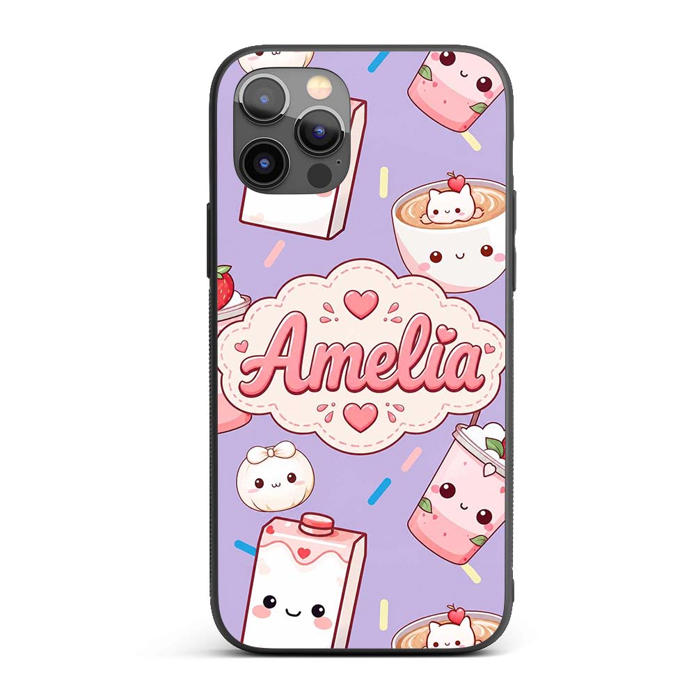 Kawaii Strawberry Drinks and Cat Cups on Purple Custom Name Protective Phone Case Mobile Cover Durable Everyday Smartphone Shock Resistant