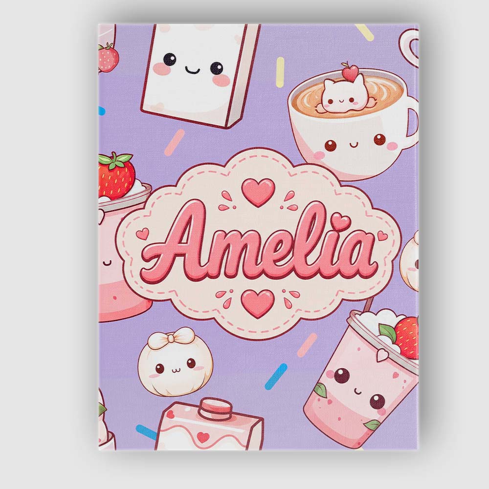 Personalised Name Kawaii Strawberry Drinks Custom Unique Gift Idea Elegant Feature Canvas Wall Art Print Decor Picture Ready to Hang