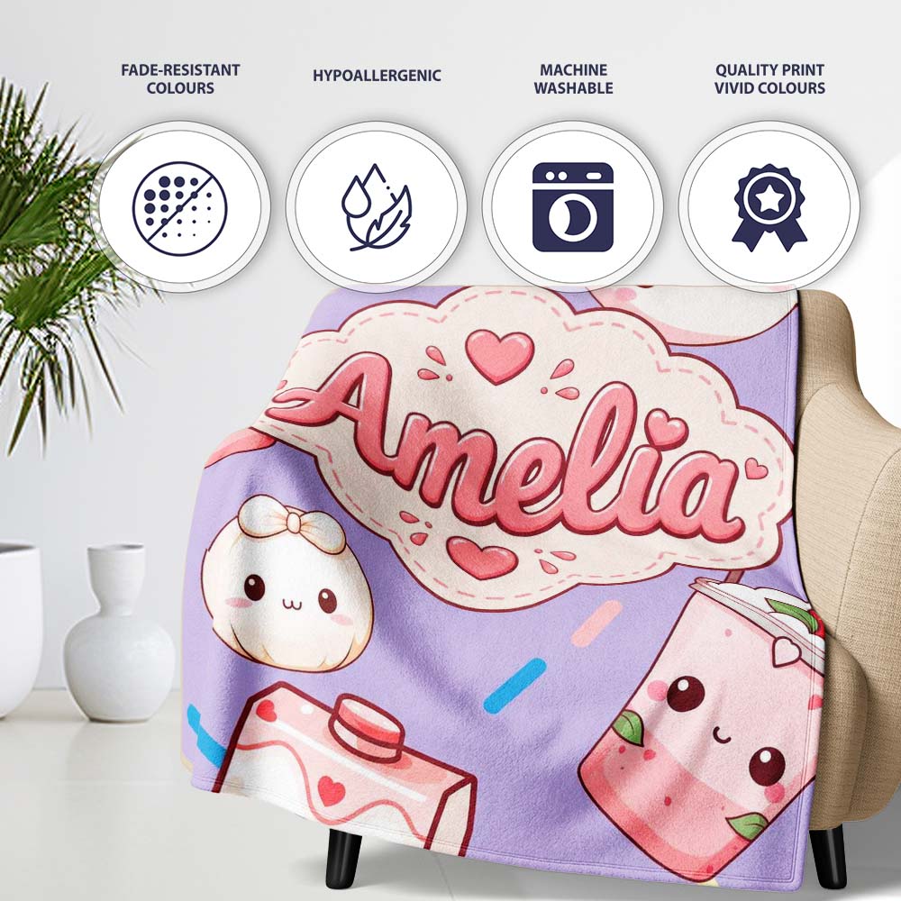 Kawaii Strawberry Drinks and Cat Cups on Purple Seamless Pattern Personalised Custom Name Super Soft Fleece Blanket Bed Sofa Throw