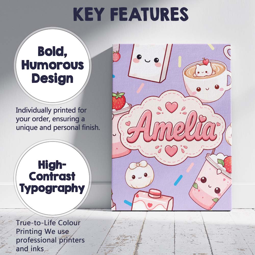 Personalised Name Kawaii Strawberry Drinks Custom Unique Gift Idea Elegant Feature Canvas Wall Art Print Decor Picture Ready to Hang