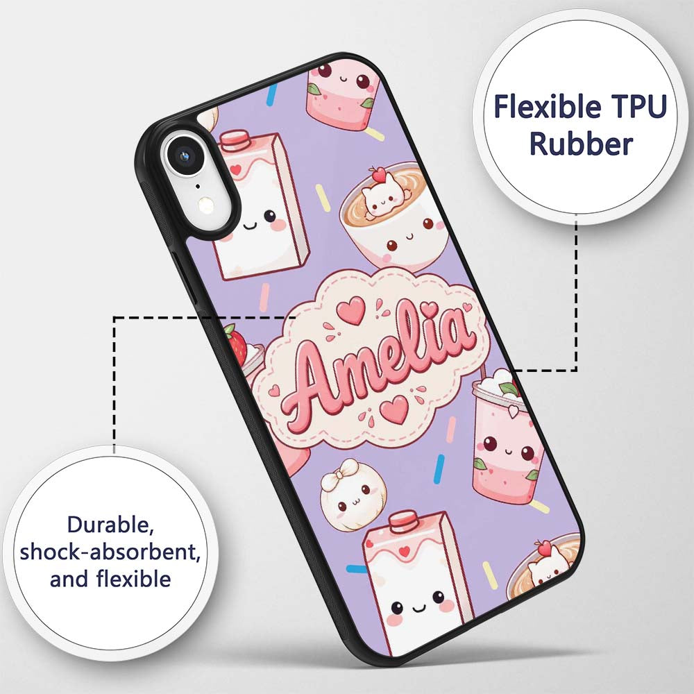 Kawaii Strawberry Drinks and Cat Cups on Purple Custom Name Protective Phone Case Mobile Cover Durable Everyday Smartphone Shock Resistant