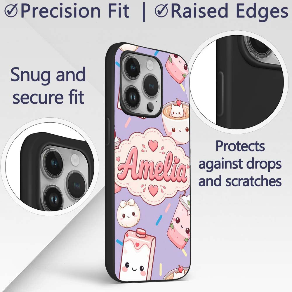 Kawaii Strawberry Drinks and Cat Cups on Purple Custom Name Protective Phone Case Mobile Cover Durable Everyday Smartphone Shock Resistant