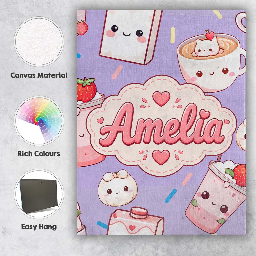 Personalised Name Kawaii Strawberry Drinks Custom Unique Gift Idea Elegant Feature Canvas Wall Art Print Decor Picture Ready to Hang
