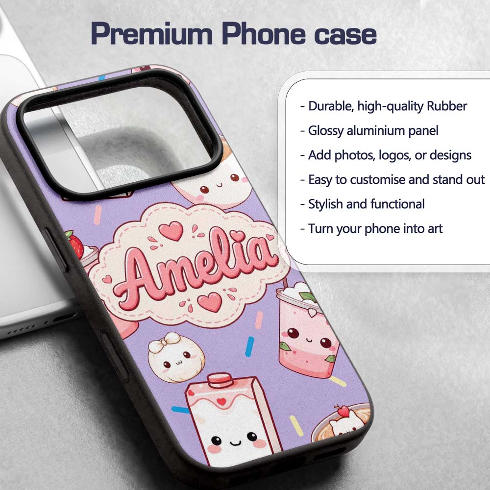 Kawaii Strawberry Drinks and Cat Cups on Purple Custom Name Protective Phone Case Mobile Cover Durable Everyday Smartphone Shock Resistant