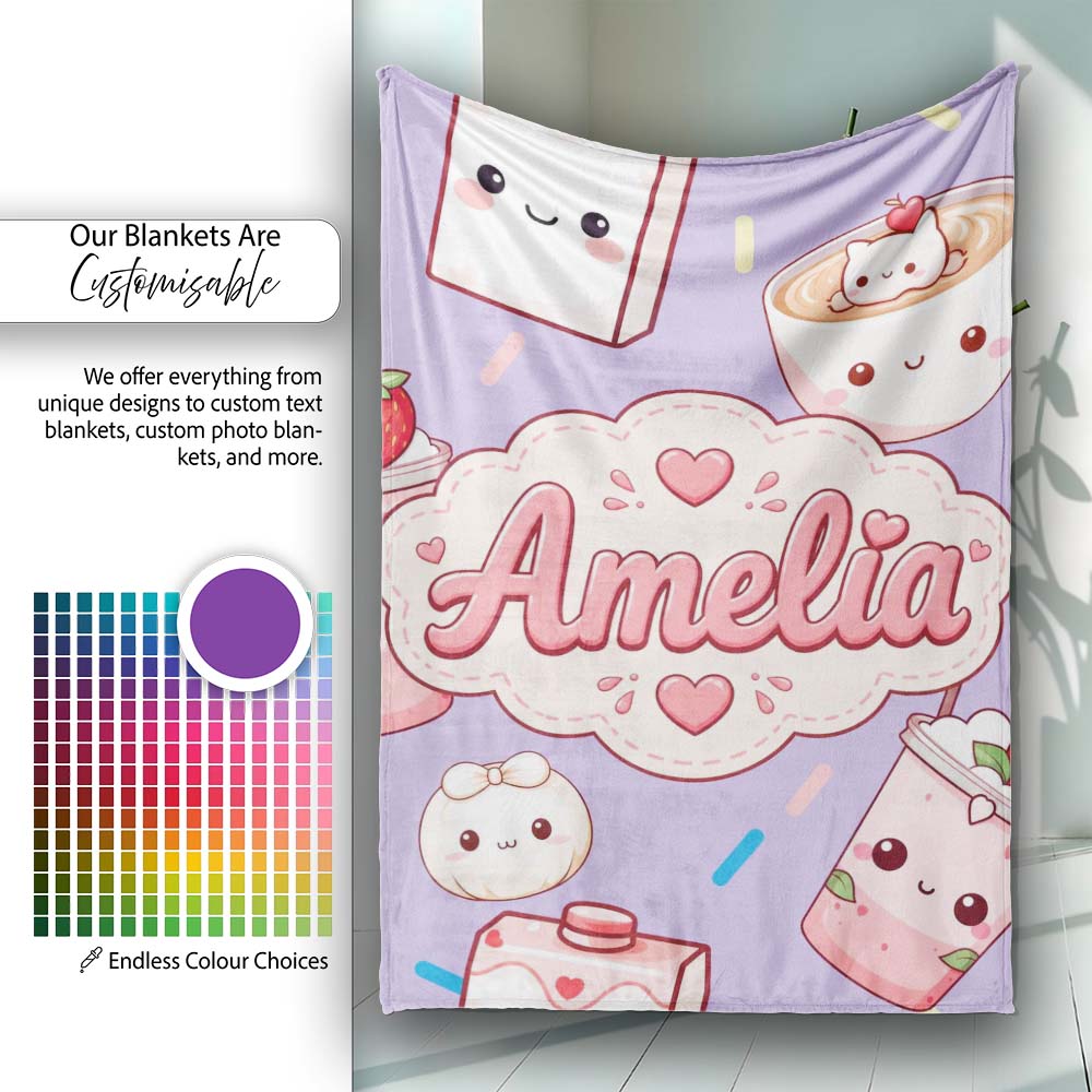 Kawaii Strawberry Drinks and Cat Cups on Purple Seamless Pattern Personalised Custom Name Super Soft Fleece Blanket Bed Sofa Throw
