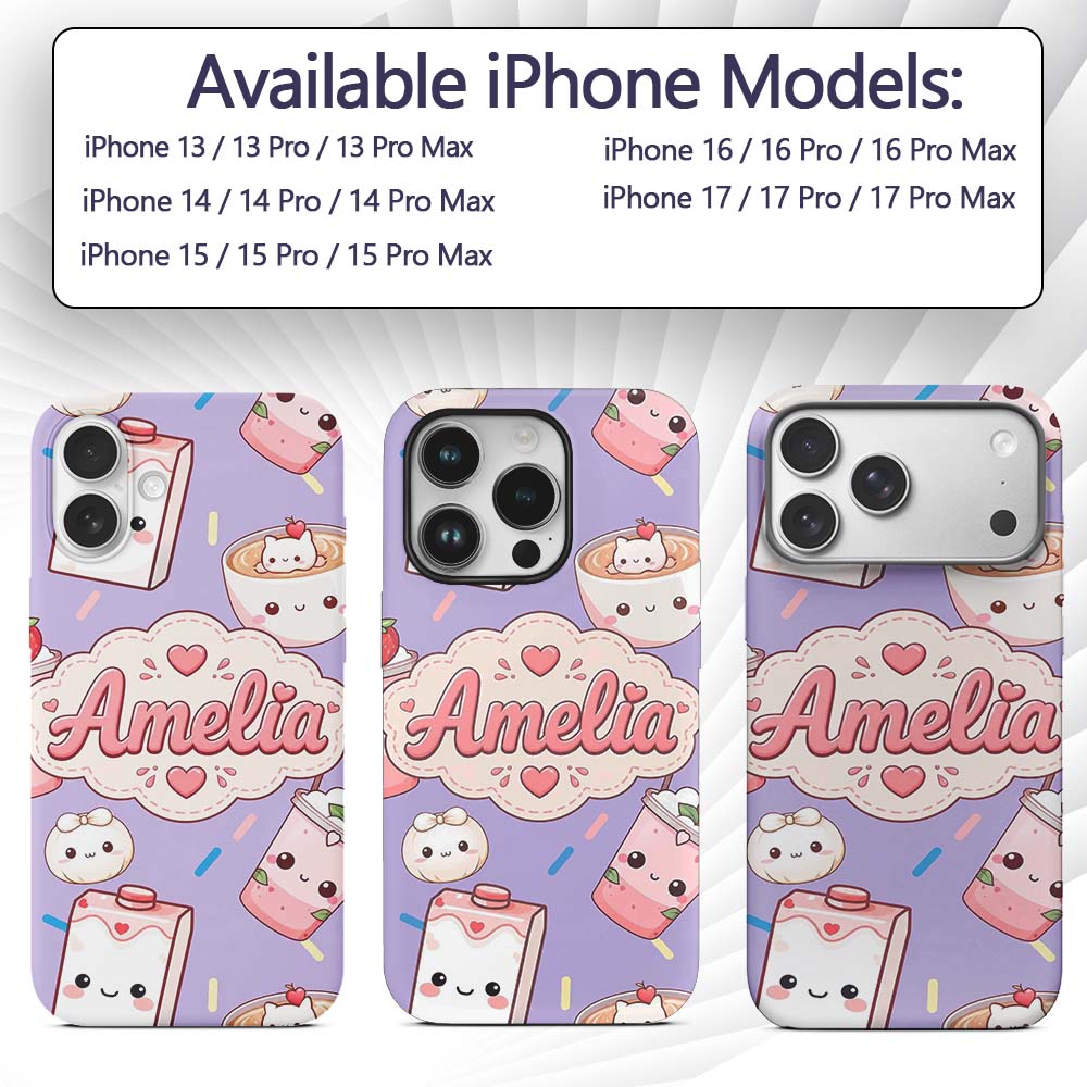 Kawaii Strawberry Drinks and Cat Cups on Purple Custom Name Protective Phone Case Mobile Cover Durable Everyday Smartphone Shock Resistant