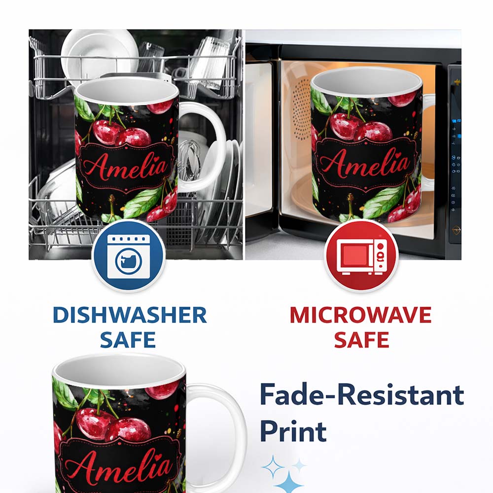 Personalized Custom Name Watercolor Cherry Fruit Dark Artistic Splash Seamless Pattern Lovely 11oz Ceramic Coffee Tea Mug White Large Handle