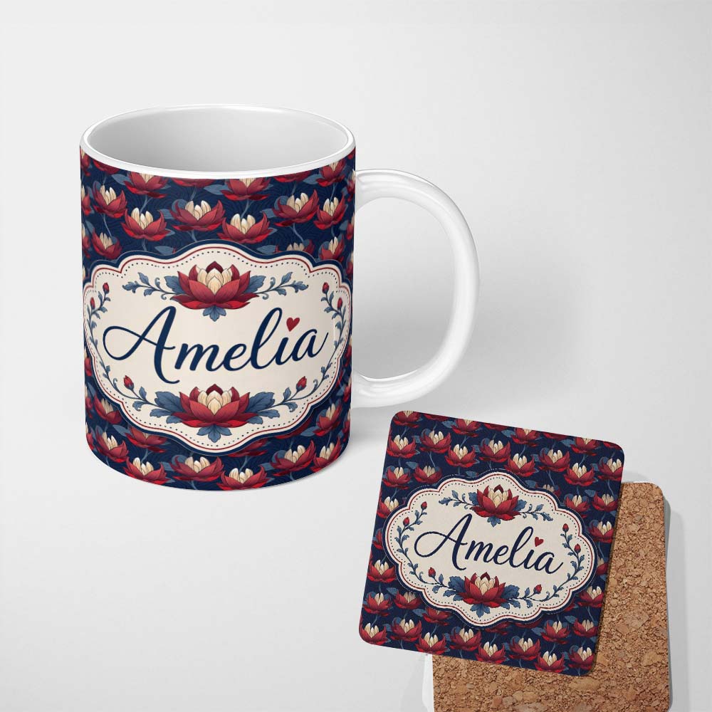 Personalized Custom Name Bold Red Lotus Flower Pattern on Dark Textured Background Lovely 11oz Ceramic Coffee Tea Mug White Large Handle