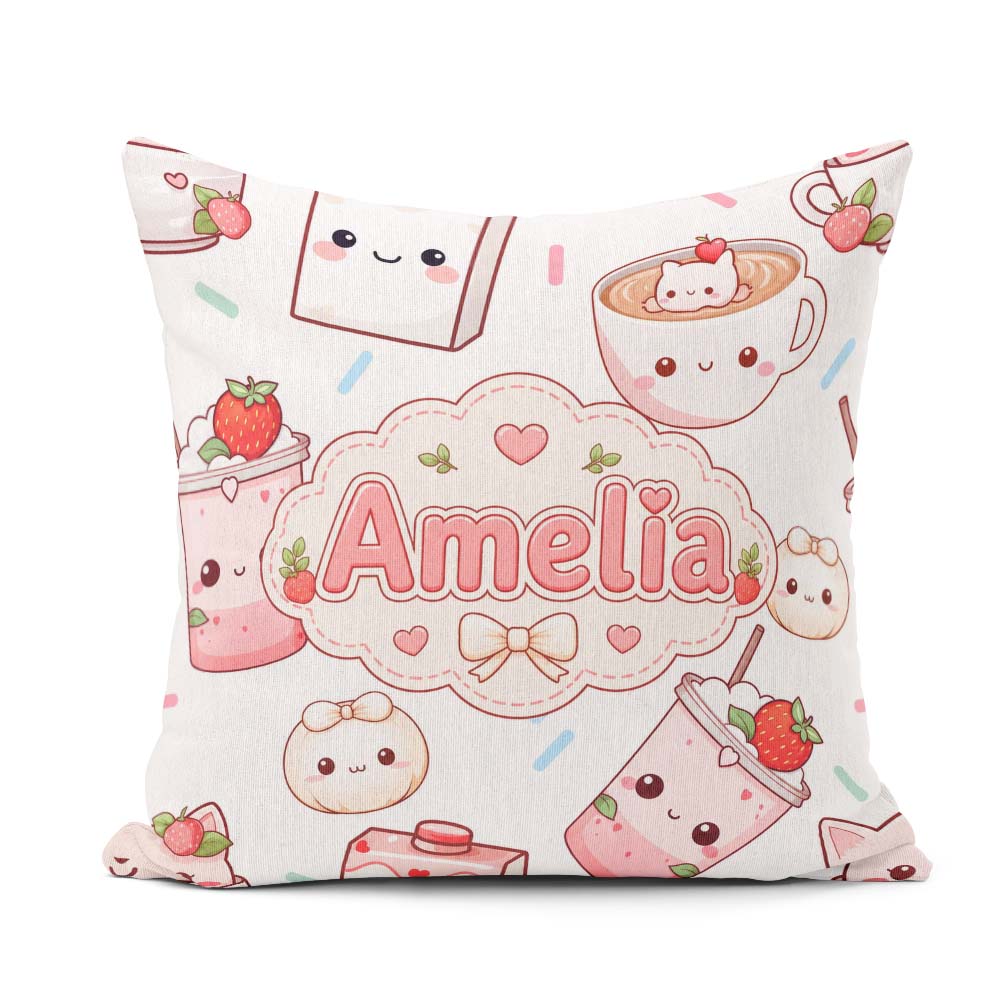 Custom Name Cute Kawaii Strawberry Drinks and Cat Cups on White Square Filled Cushion Throw Pillow Sofa Bed Home Decor Zip Washable UK Made