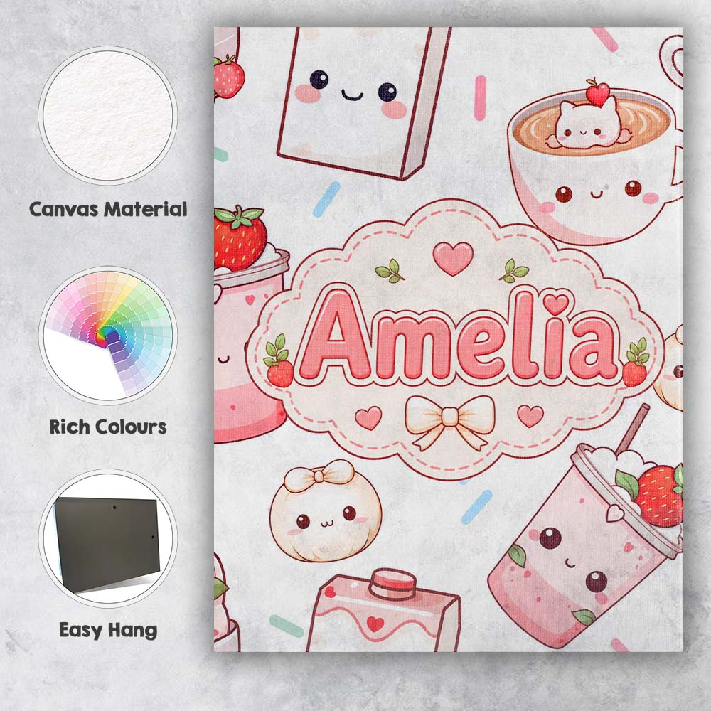 Personalised Name Cute Kawaii Strawberry Custom Unique Gift Idea Elegant Feature Canvas Wall Art Print Decor Picture Ready to Hang