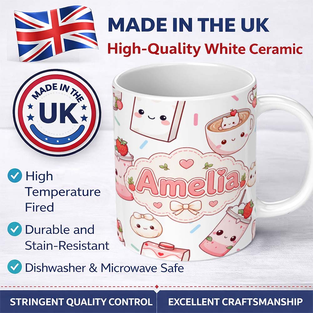 Personalized Custom Name Cute Kawaii Strawberry Drinks and Cat Cups on White Background 11oz Ceramic Coffee Tea Mug White Large Handle