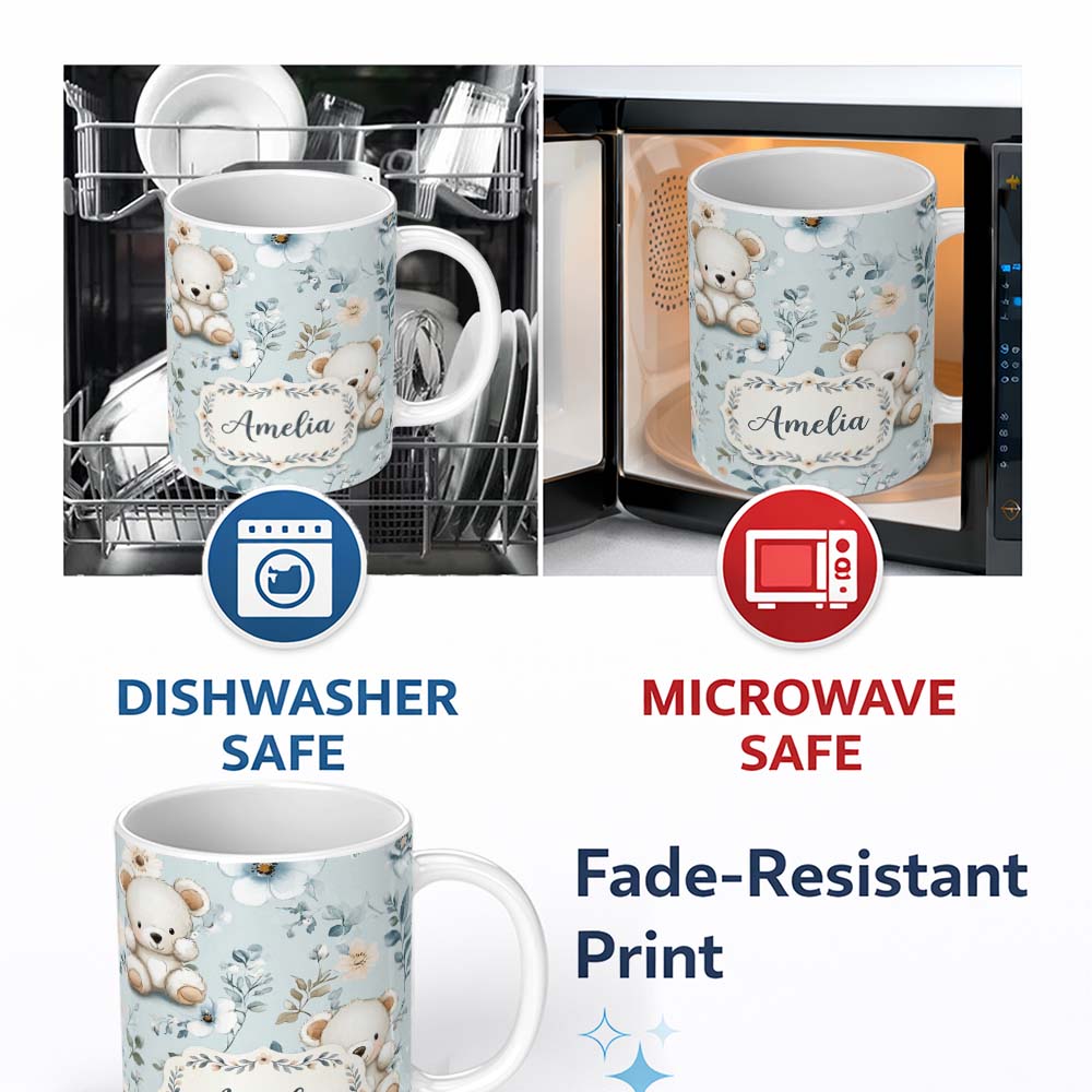 Personalized Custom Name Cute Teddy Bears with Soft Blue Floral Background Seamless Pattern 11oz Ceramic Coffee Tea Mug White Large Handle