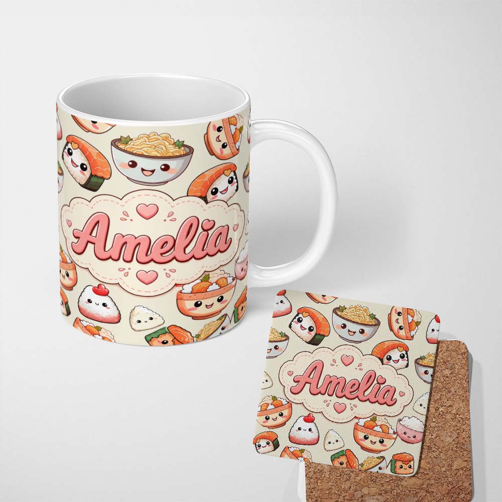 Personalized Custom Name Cute Kawaii Sushi Rice Bowls and Noodles on Cream Background 11oz Ceramic Coffee Tea Mug White Large Handle