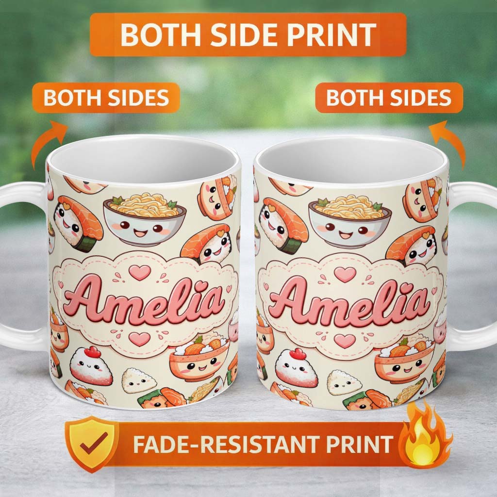 Personalized Custom Name Cute Kawaii Sushi Rice Bowls and Noodles on Cream Background 11oz Ceramic Coffee Tea Mug White Large Handle