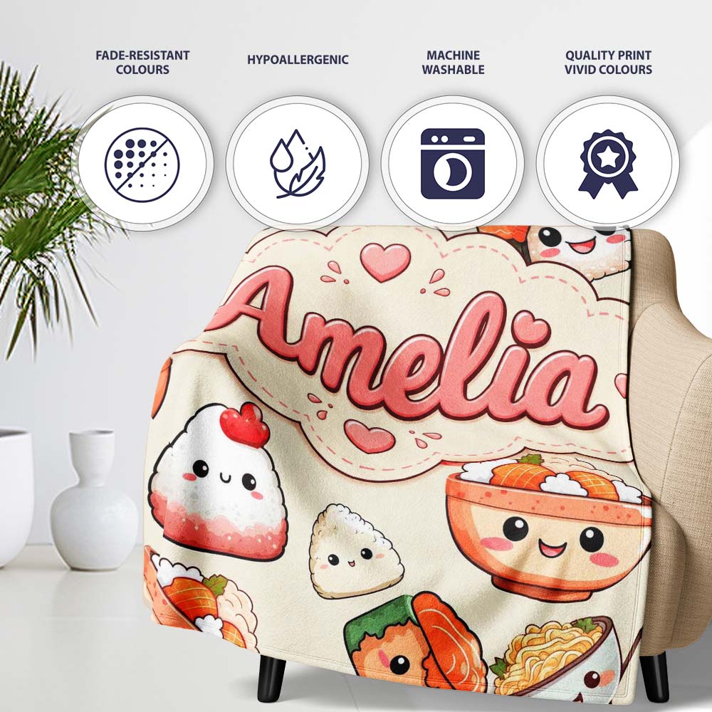Cute Kawaii Sushi Rice Bowls and Noodles on Cream Background Personalised Custom Name Super Soft Fleece Blanket Bed Sofa Throw