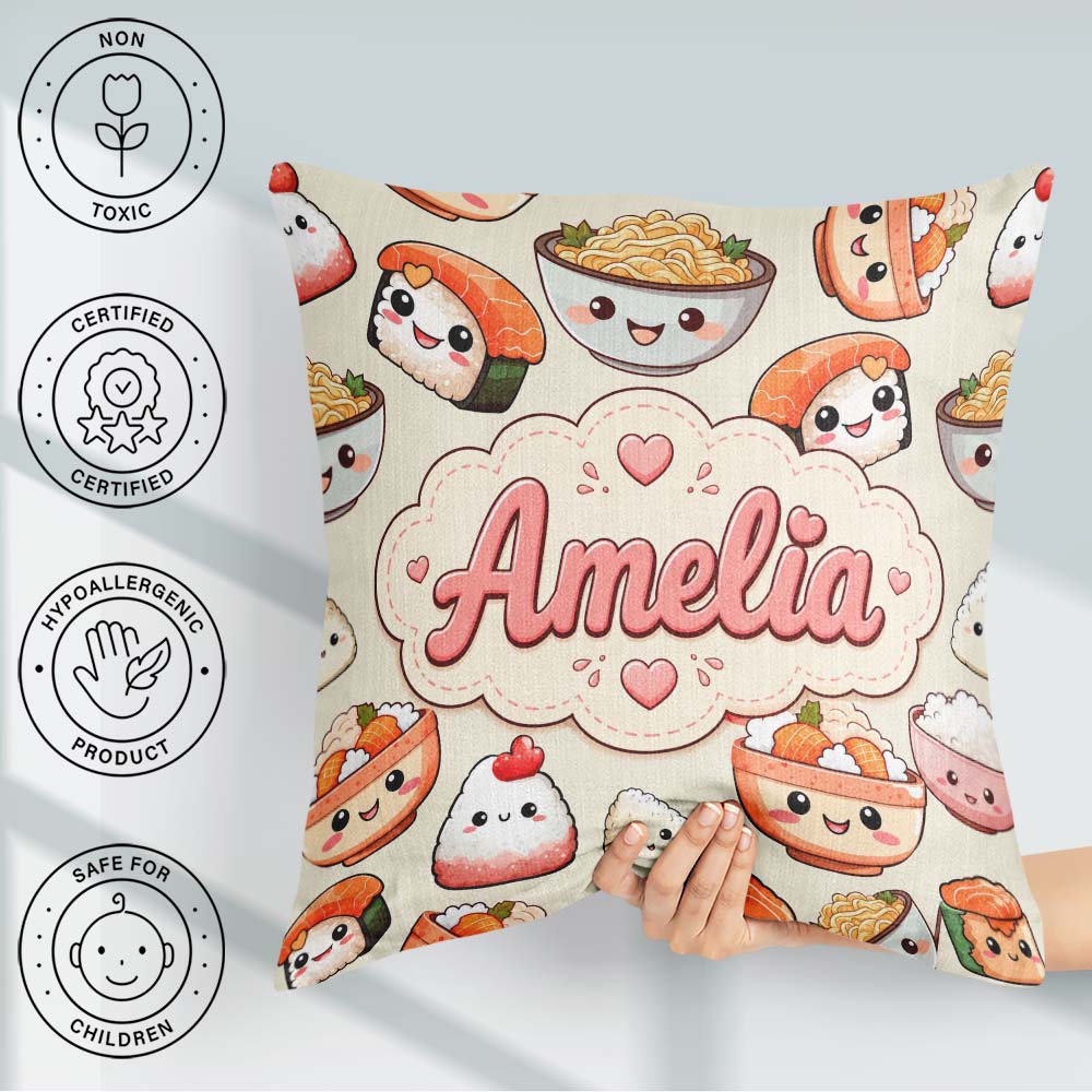Custom Name Cute Kawaii Sushi Rice Bowls and on Cream Background Square Filled Cushion Throw Pillow Sofa Bed Home Decor Zip Washable UK Made