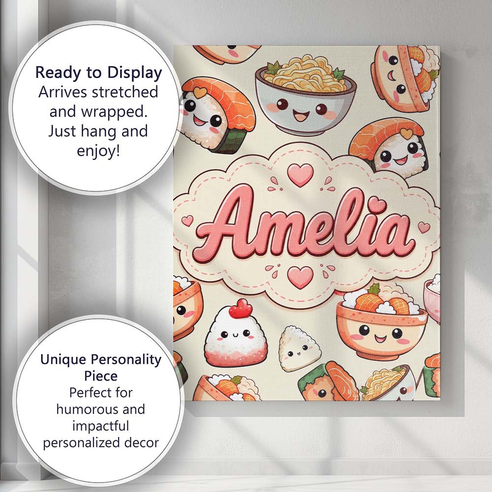 Personalised Name Cute Kawaii Sushi Rice Custom Unique Gift Idea Elegant Feature Canvas Wall Art Print Decor Picture Ready to Hang
