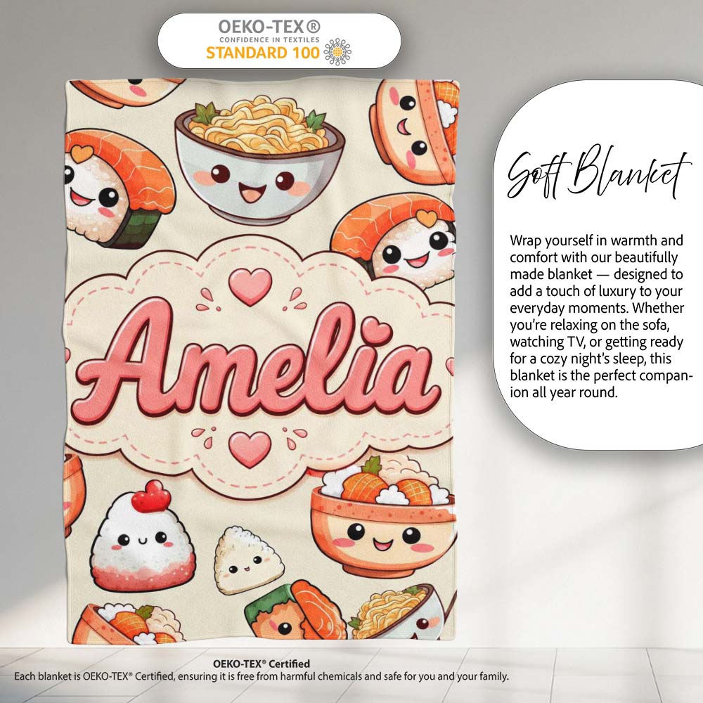 Cute Kawaii Sushi Rice Bowls and Noodles on Cream Background Personalised Custom Name Super Soft Fleece Blanket Bed Sofa Throw