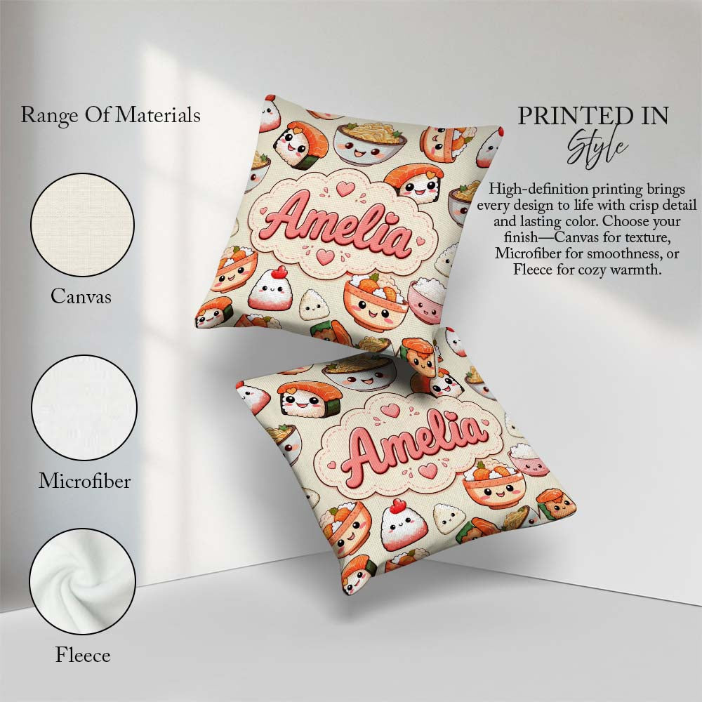 Custom Name Cute Kawaii Sushi Rice Bowls and on Cream Background Square Filled Cushion Throw Pillow Sofa Bed Home Decor Zip Washable UK Made