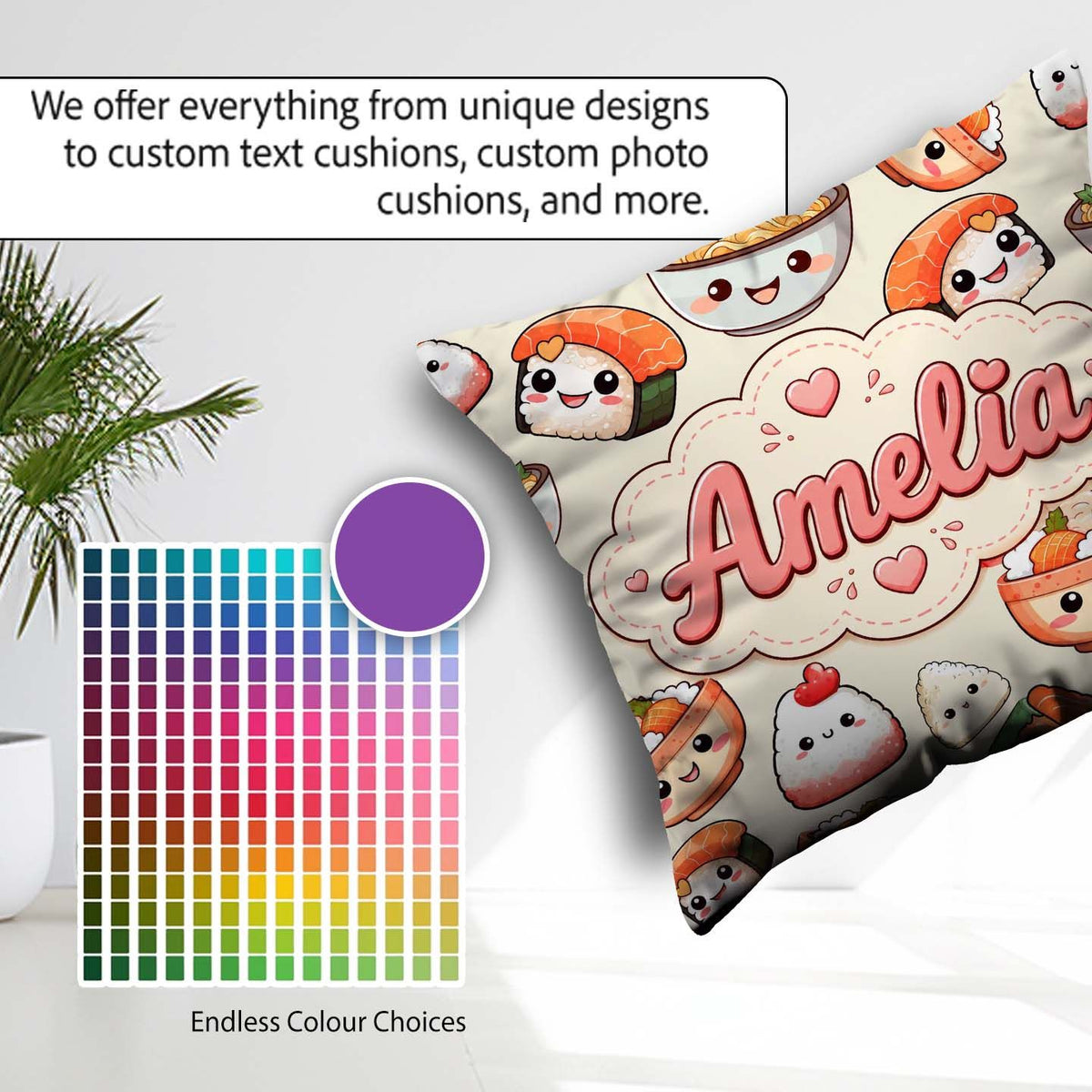 Custom Name Cute Kawaii Sushi Rice Bowls and on Cream Background Square Filled Cushion Throw Pillow Sofa Bed Home Decor Zip Washable UK Made