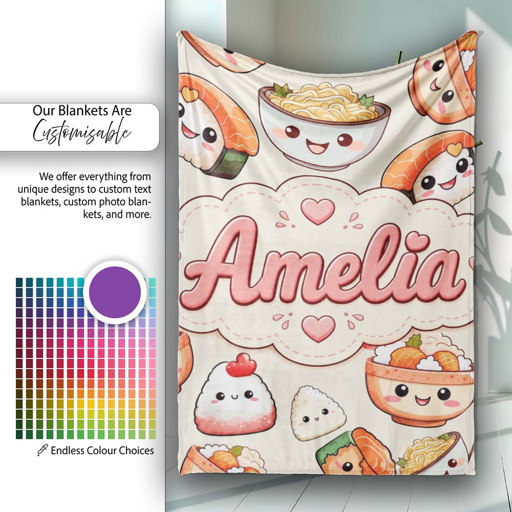 Cute Kawaii Sushi Rice Bowls and Noodles on Cream Background Personalised Custom Name Super Soft Fleece Blanket Bed Sofa Throw