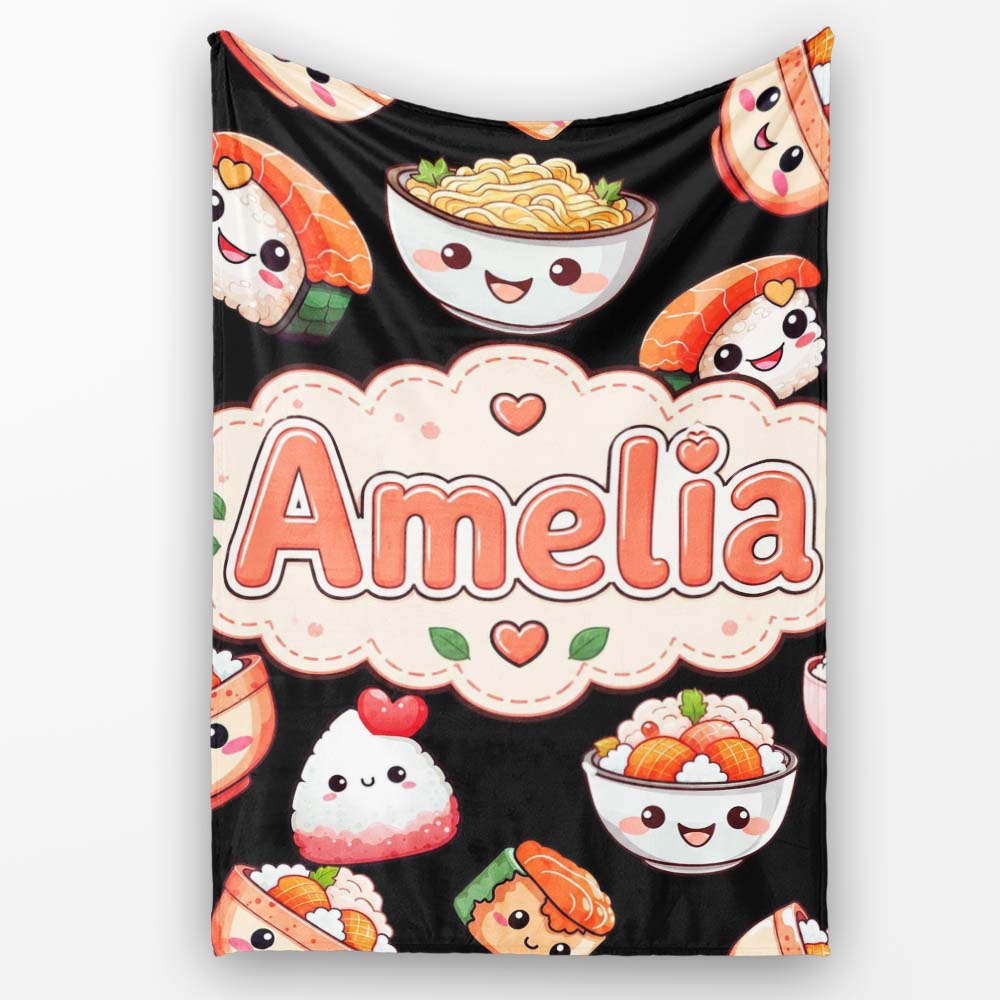 Cute Kawaii Sushi Rice Bowls and Noodles on Black Background Personalised Custom Name Super Soft Fleece Blanket Bed Sofa Throw