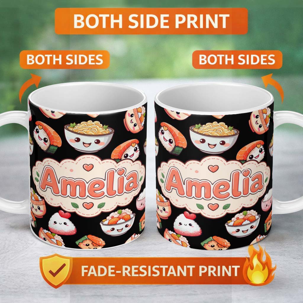 Personalized Custom Name Cute Kawaii Sushi Rice Bowls and Noodles on Black Background 11oz Ceramic Coffee Tea Mug White Large Handle