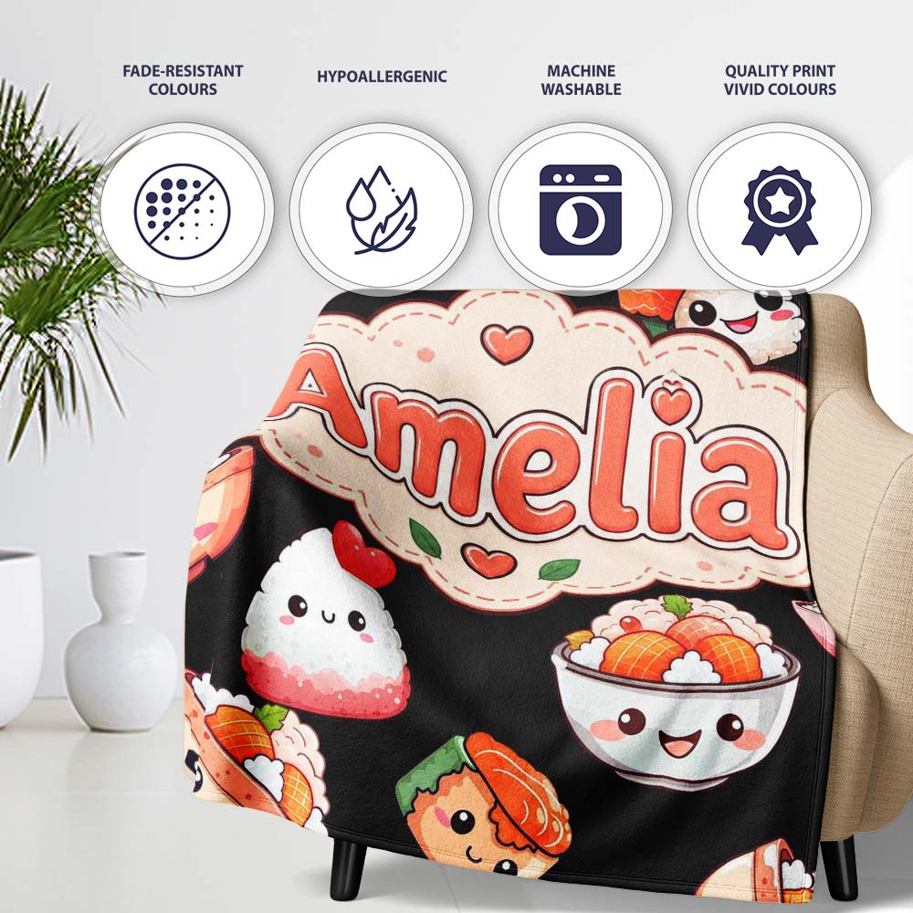 Cute Kawaii Sushi Rice Bowls and Noodles on Black Background Personalised Custom Name Super Soft Fleece Blanket Bed Sofa Throw