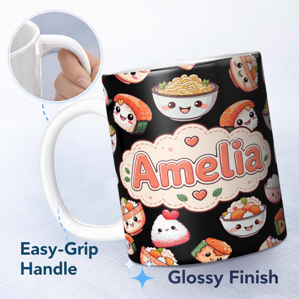 Personalized Custom Name Cute Kawaii Sushi Rice Bowls and Noodles on Black Background 11oz Ceramic Coffee Tea Mug White Large Handle