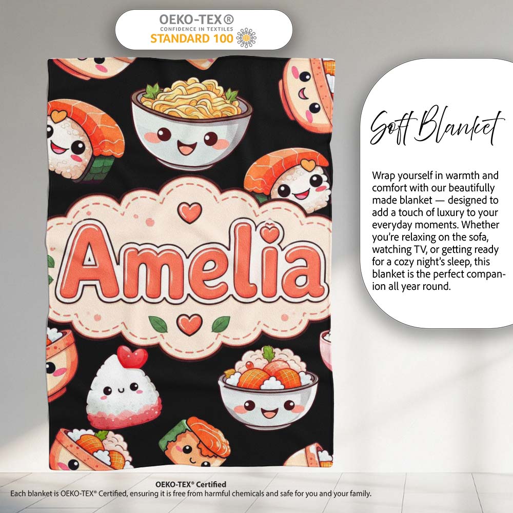 Cute Kawaii Sushi Rice Bowls and Noodles on Black Background Personalised Custom Name Super Soft Fleece Blanket Bed Sofa Throw