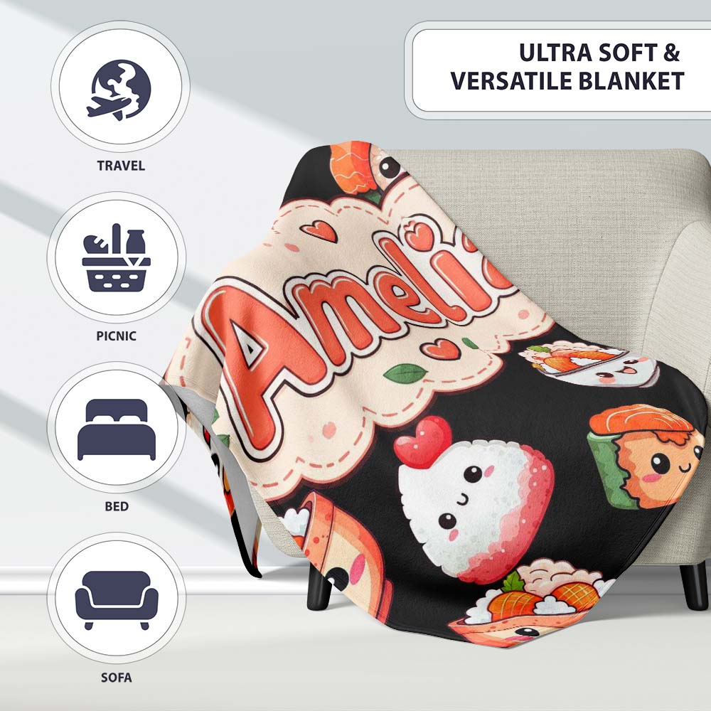 Cute Kawaii Sushi Rice Bowls and Noodles on Black Background Personalised Custom Name Super Soft Fleece Blanket Bed Sofa Throw