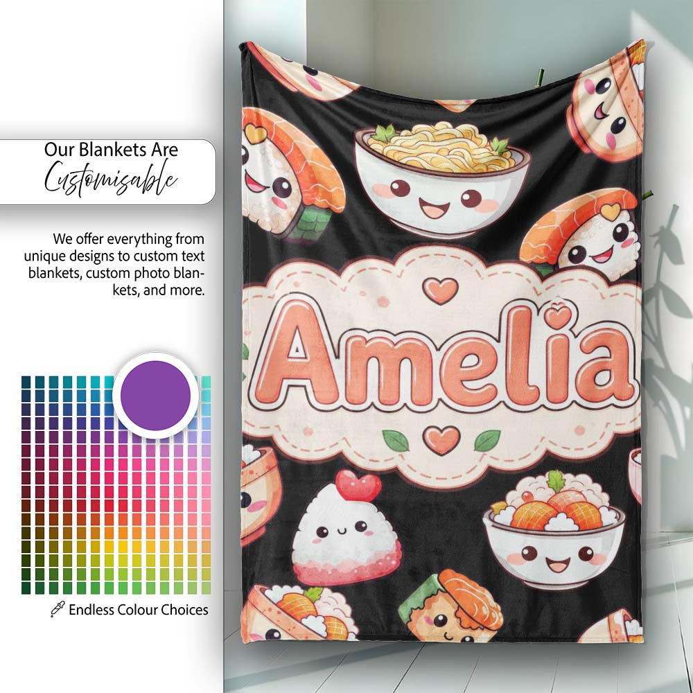 Cute Kawaii Sushi Rice Bowls and Noodles on Black Background Personalised Custom Name Super Soft Fleece Blanket Bed Sofa Throw